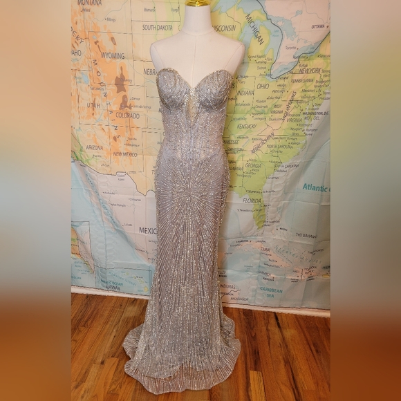Alglist Dresses & Skirts - Alglist Silver Beaded Strapless Dress Lace Up Back Size 8